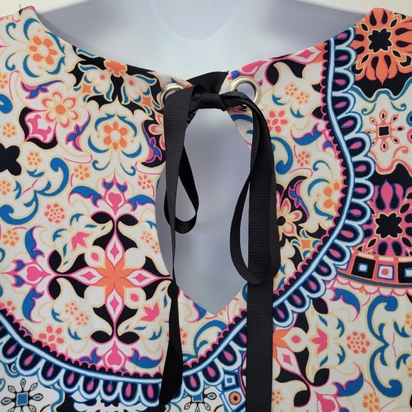 Coco Bianco Colorful Bell Sleeve Tie Back Pink Blue White Blouse Size M - Picture 6 of 14